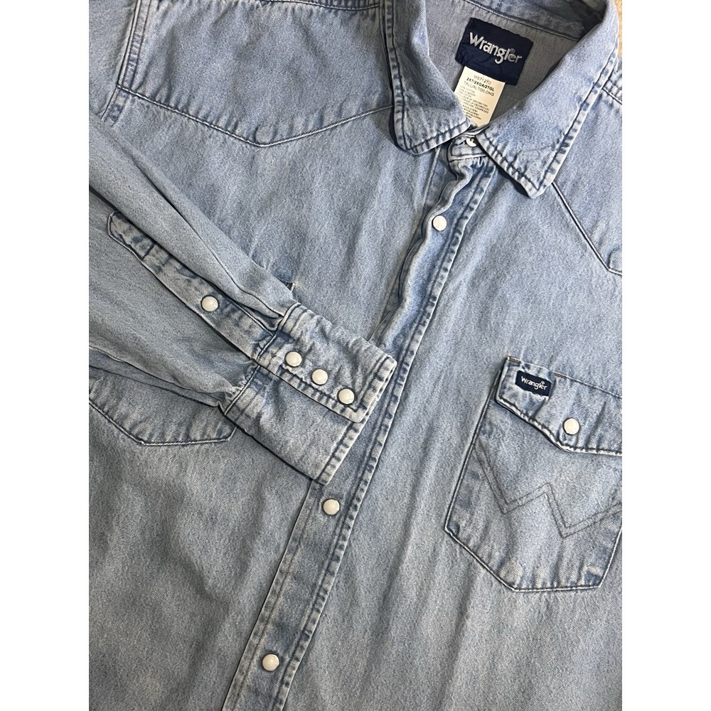 Vintage Wrangler Shirt Mens 2XL‎ 2XT Tall Blue Denim Jean Western Pearl Snap
